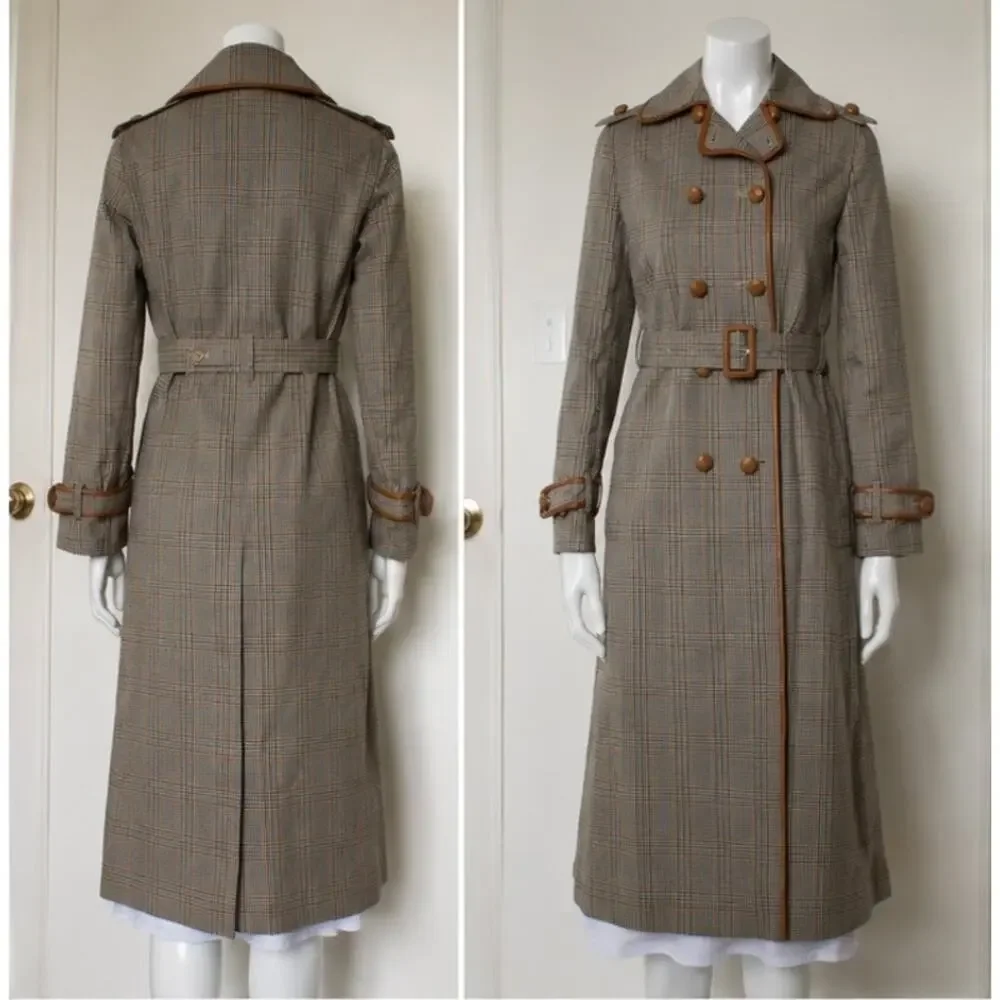 Tory Burch Glen Plaid Belted Trench Coat Leather Trim XS US2